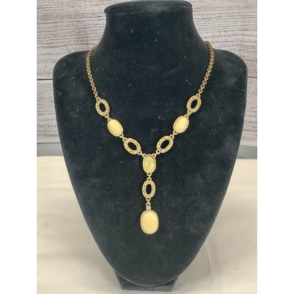 SAQ Antique Goldtone Chain Lariat Necklace with Cabachone Yellow stones